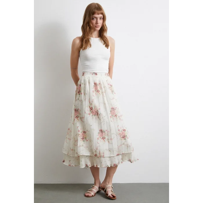 Fırfırlı Piliseli Etek Krem