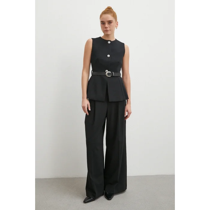 Kemerli Bisiklet Yaka Üç Düğmeli Yelek Siyah