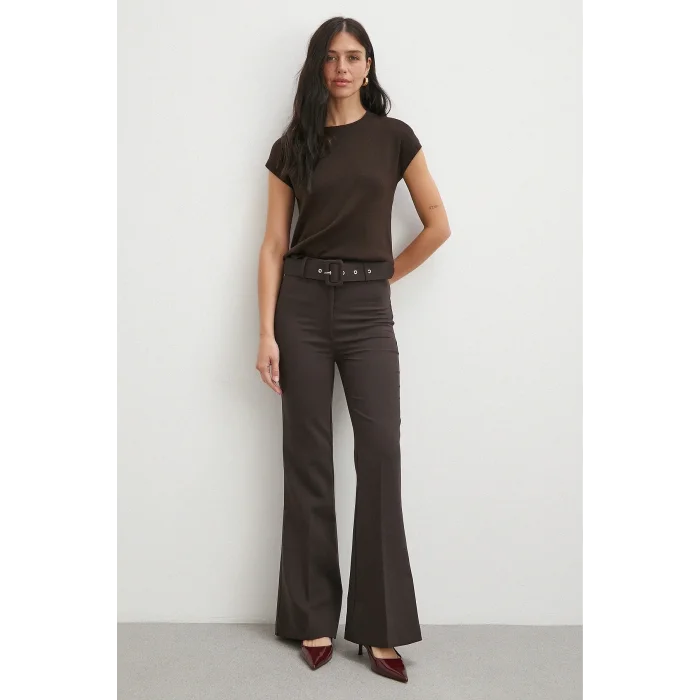 Kemerli İspanyol Paça Pantolon Kahve