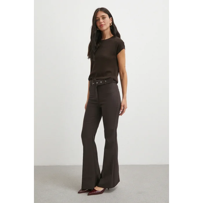 Kemerli İspanyol Paça Pantolon Kahve