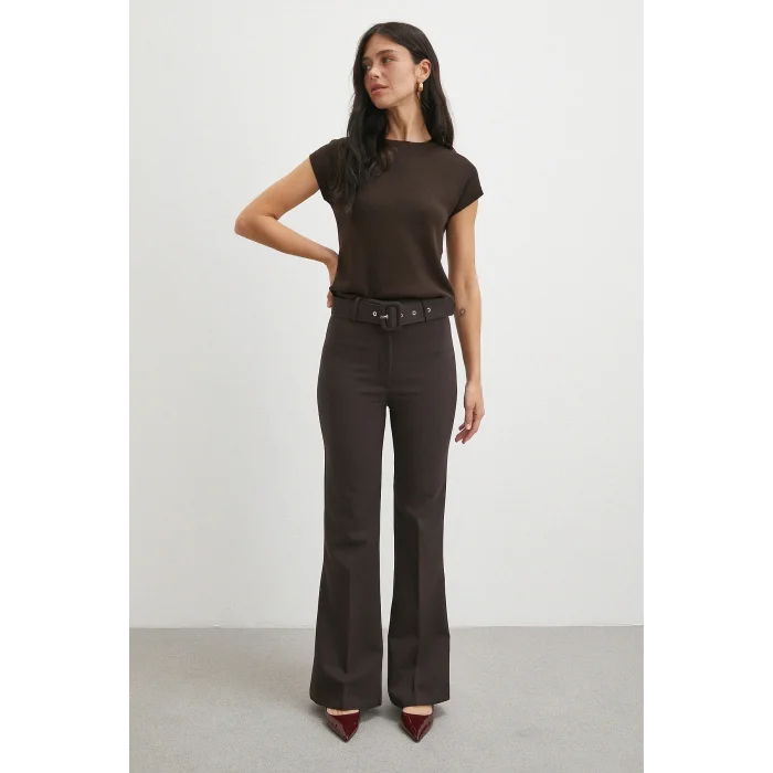 Kemerli İspanyol Paça Pantolon Kahve