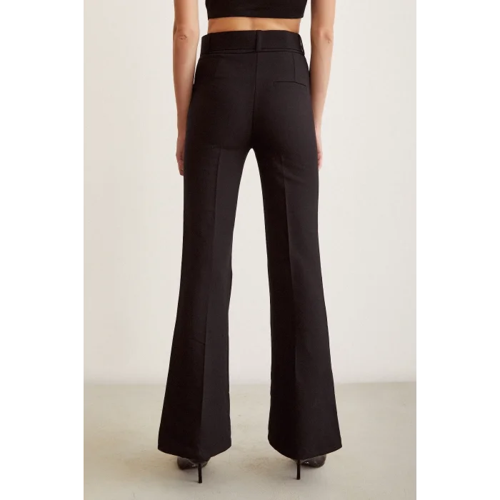 Kemerli İspanyol Paça Pantolon Siyah