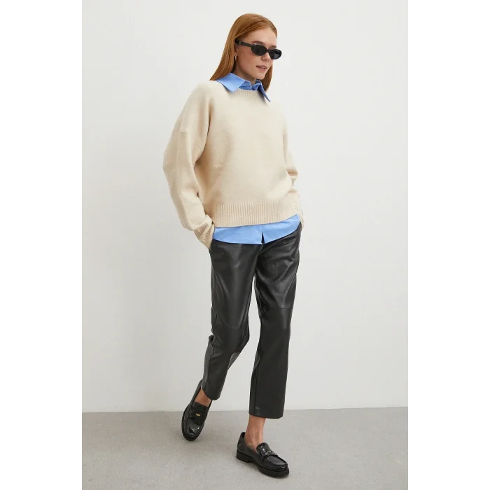 Kemerli Lastikli Deri Pantolon Siyah