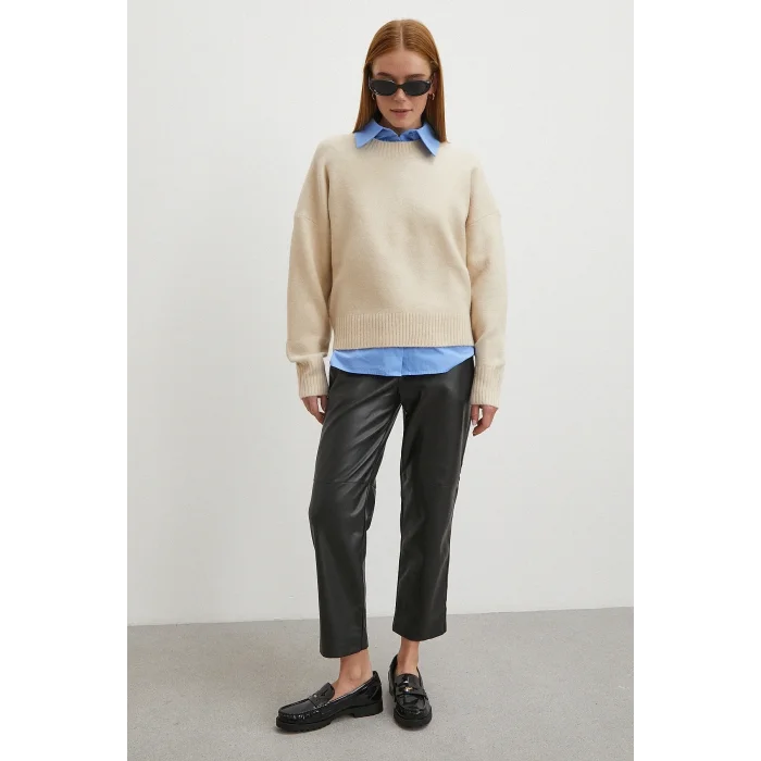 Kemerli Lastikli Deri Pantolon Siyah