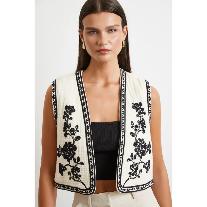 Nakışlı Oversize Yelek Krem