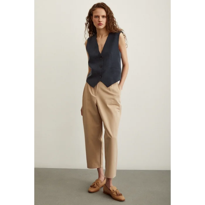 Önü Çift Pileli Pantolon Bej