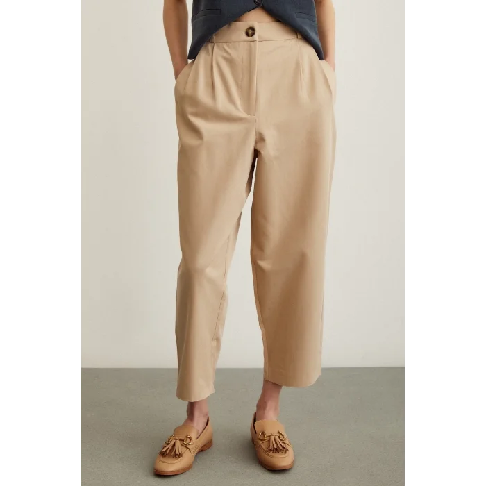 Önü Çift Pileli Pantolon Bej