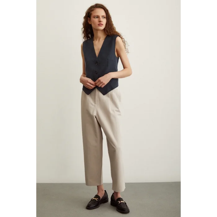 Önü Çift Pileli Pantolon Taş