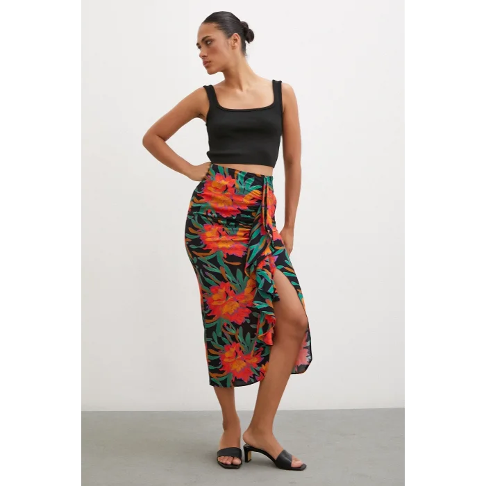 Önü Fırfırlı Desenli Etek Yeşil