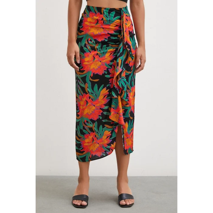 Önü Fırfırlı Desenli Etek Yeşil