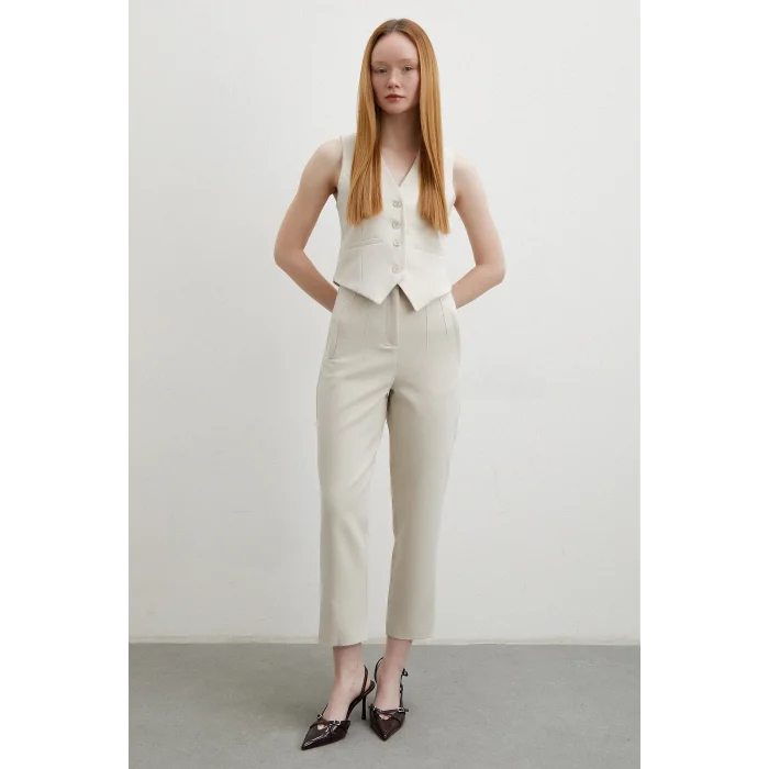 Önü Pensli Skinny Kumaş Pantolon Bej