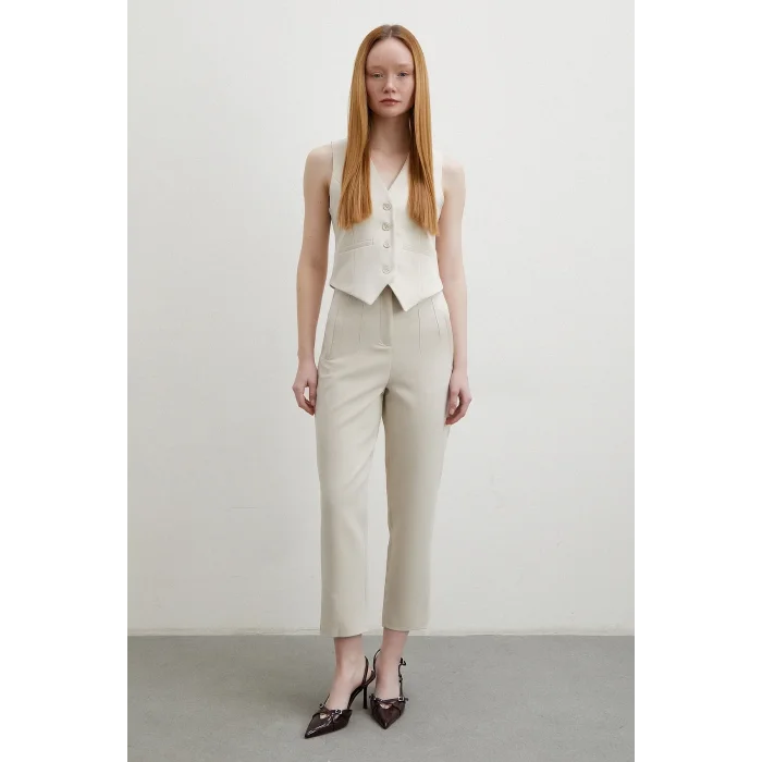 Önü Pensli Skinny Kumaş Pantolon Bej