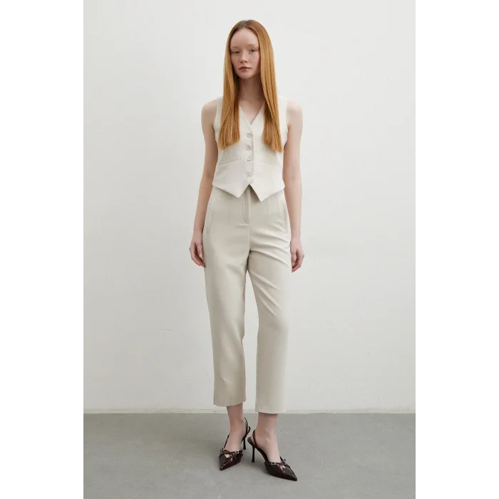 Önü Pensli Skinny Kumaş Pantolon Bej