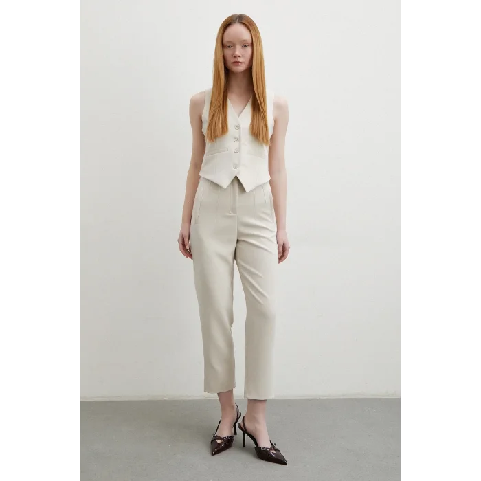 Önü Pensli Skinny Kumaş Pantolon Bej