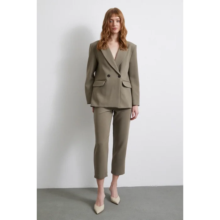 Önü Pensli Skinny Kumaş Pantolon Haki