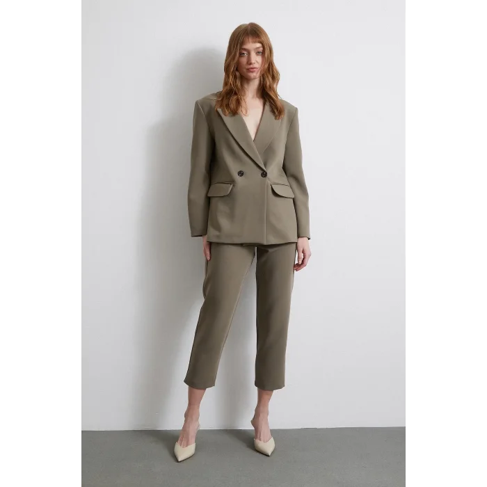 Önü Pensli Skinny Kumaş Pantolon Haki