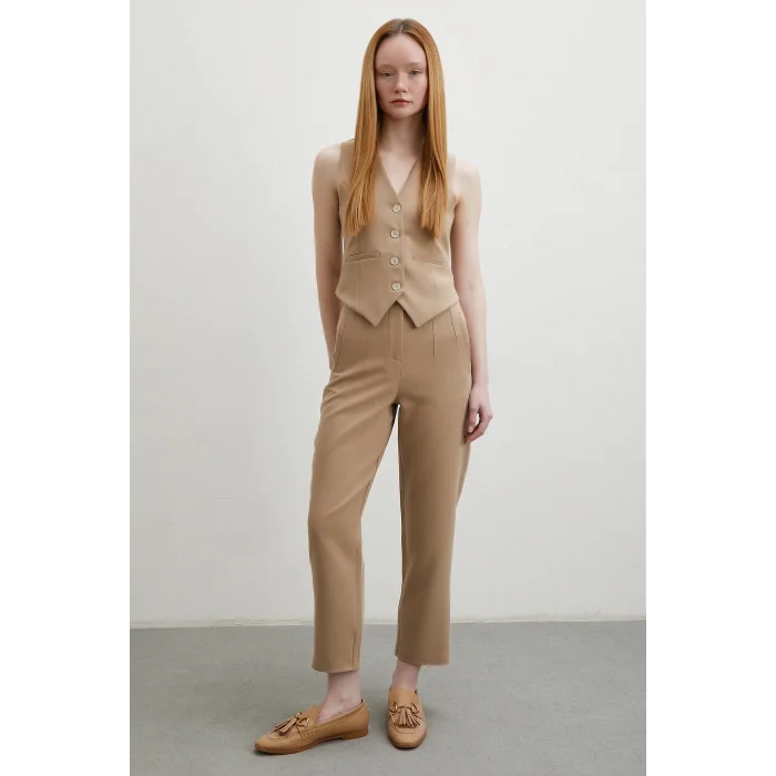 Önü Pensli Skinny Kumaş Pantolon Vizon