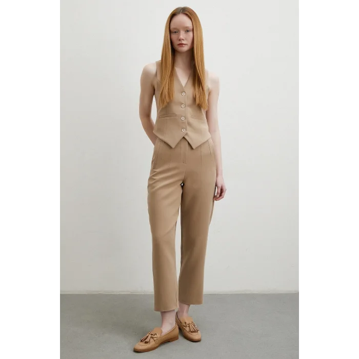 Önü Pensli Skinny Kumaş Pantolon Vizon