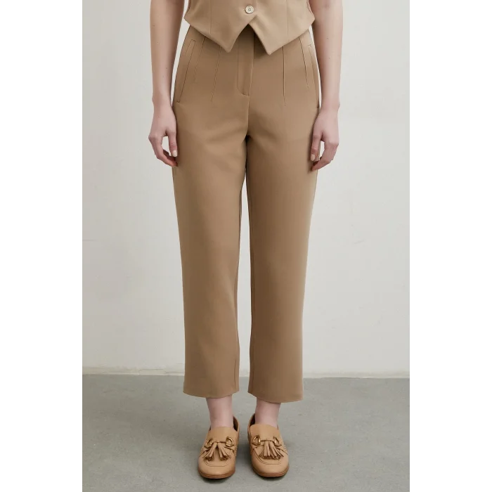 Önü Pensli Skinny Kumaş Pantolon Vizon