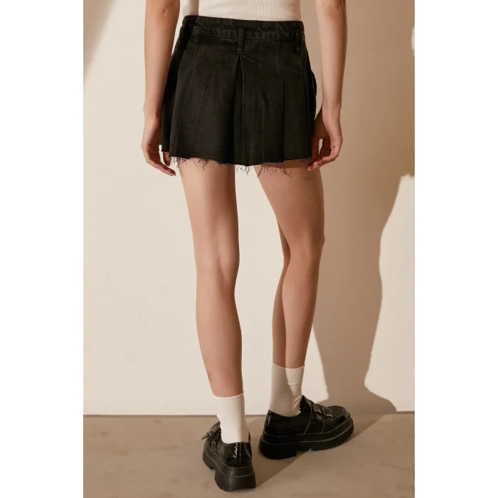 Pileli Jean Mini Etek Siyah