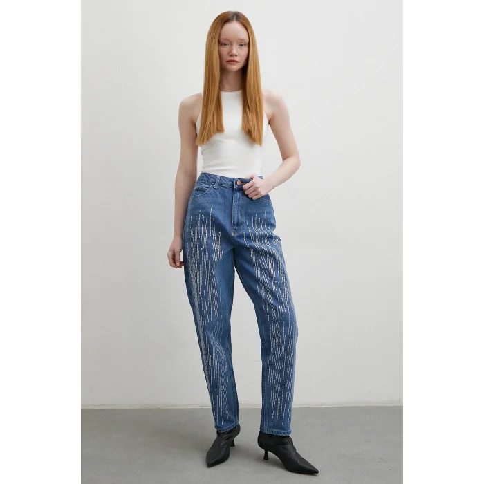 Taş İşlemeli Mom Jean Mavi
