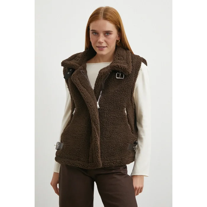 Yaka Detaylı Yumoş Yelek Kahve