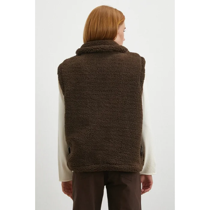 Yaka Detaylı Yumoş Yelek Kahve