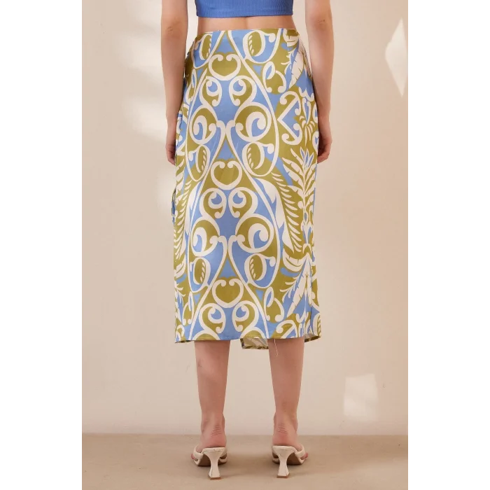 Yırtmaçlı Desen Etek Mavi