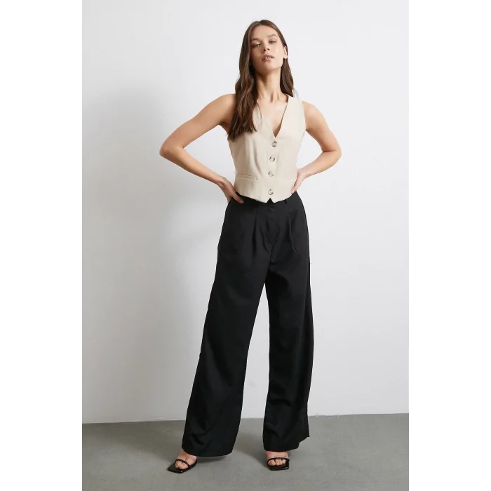 Yüksek Bel Beli Lastikli Geniş Paça Pantolon Siyah