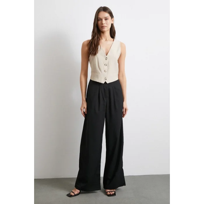 Yüksek Bel Beli Lastikli Geniş Paça Pantolon Siyah