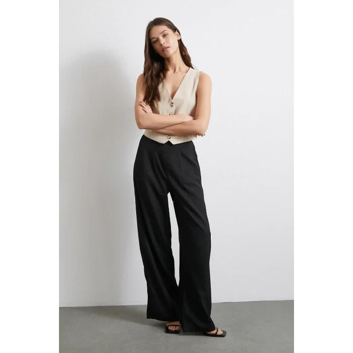 Yüksek Bel Beli Lastikli Geniş Paça Pantolon Siyah