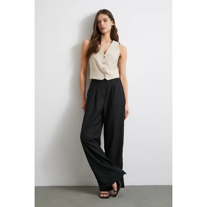 Yüksek Bel Beli Lastikli Geniş Paça Pantolon Siyah