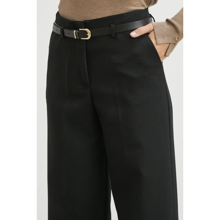 Yüksek Bel Paça Detaylı Kemerli Pantolon Siyah