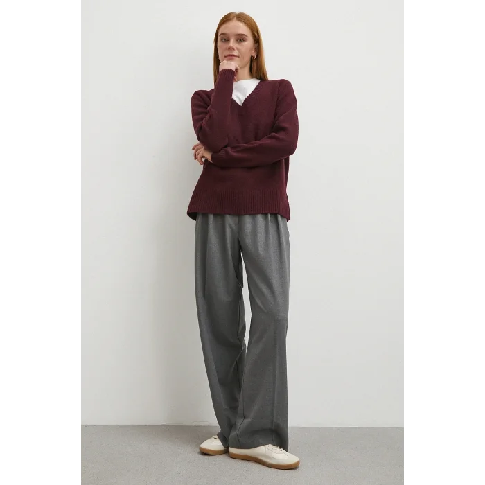 Yüksek Bel Pileli Palazzo Pantolon Gri