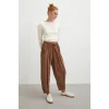 Bağcıklı Beli Lastikli Pileli Pantolon Kahve