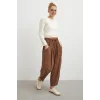Bağcıklı Beli Lastikli Pileli Pantolon Kahve