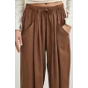 Bağcıklı Beli Lastikli Pileli Pantolon Kahve
