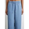 Beli Lastikli Bağcıklı Geniş Paça Pantolon Mavi