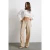 Beli Lastikli Çift Şeritli Pantolon Bej