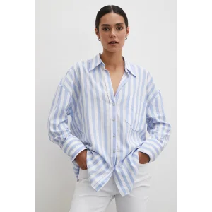 Oversize Cepli Keten Gömlek Mavi