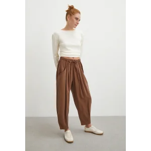 Bağcıklı Beli Lastikli Pileli Pantolon Kahve