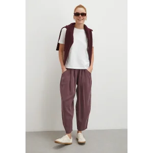 Bağcıklı Beli Lastikli Pileli Pantolon Mürdüm