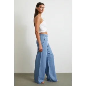 Beli Lastikli Bağcıklı Geniş Paça Pantolon Mavi