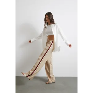Beli Lastikli Çift Şeritli Pantolon Bej