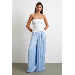 Beli Lastikli Geniş Paça Büzgülü Pantolon Mavi