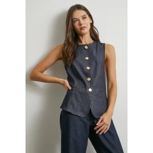 Bisiklet Yaka Metal Düğmeli Denim Yelek Lacivert