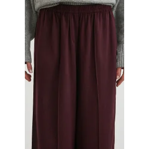 Çizgi Detaylı Geniş Paça Beli Lastikli Pantolon Bordo