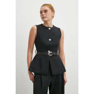 Kemerli Bisiklet Yaka Üç Düğmeli Yelek Siyah