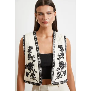 Nakışlı Oversize Yelek Krem