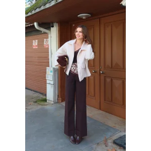 Yüksek Bel Paça Detaylı Kemerli Pantolon Kahve